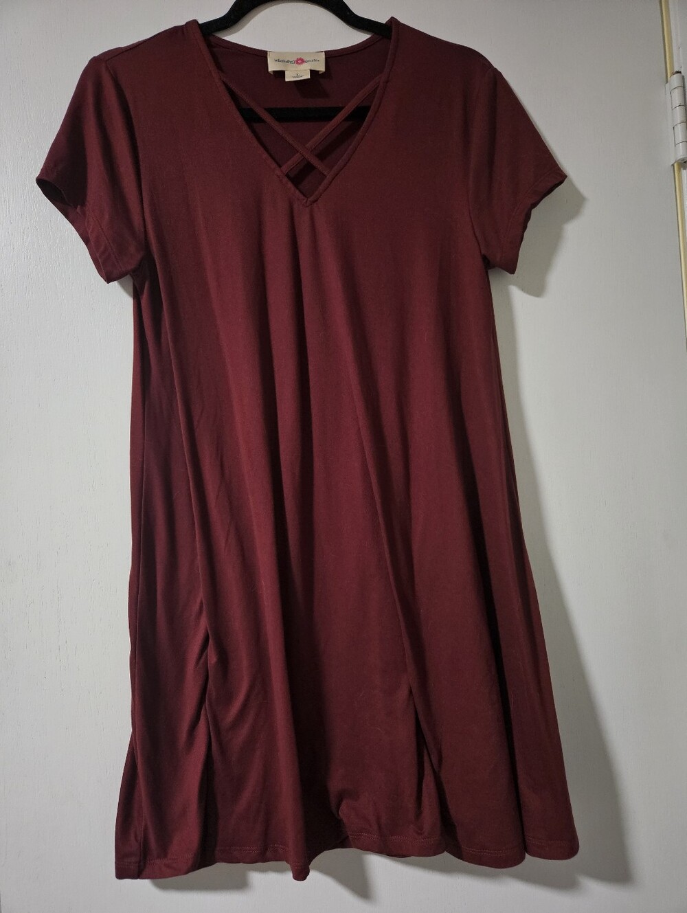Wishful Park Burgundy Maroon Criss Cross V-Neck T-Shirt Dress Size Large